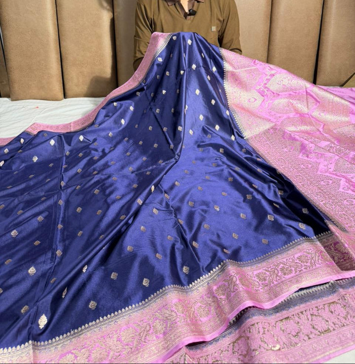 Navy blue pink traditional Mashru katan silk Banarasi