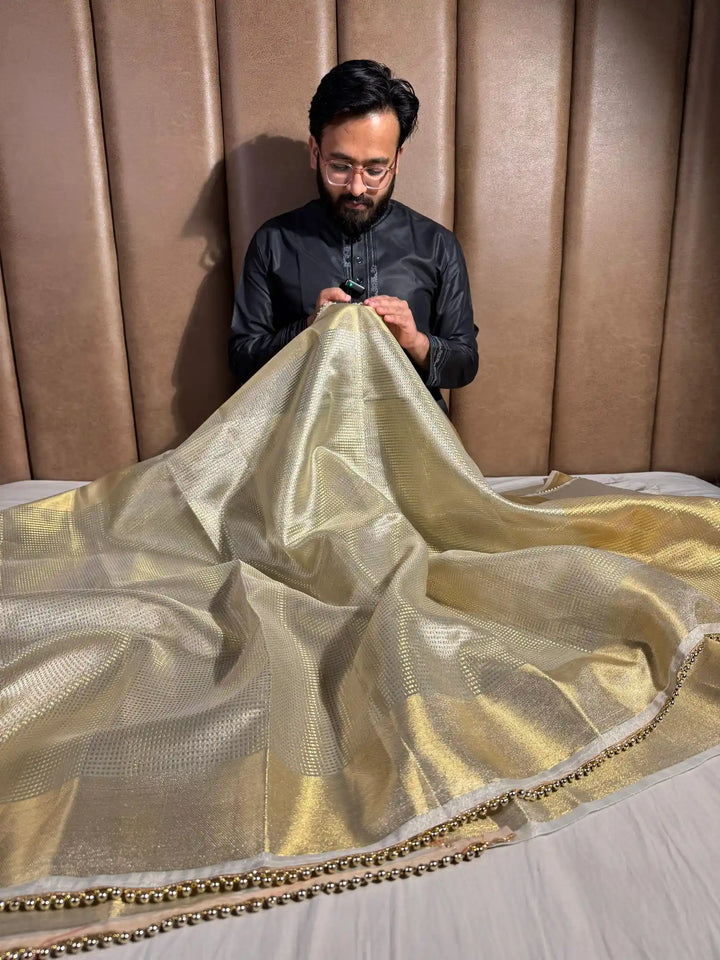 Nayanthara Mam Inspired Tissue Silk Saree with Lace Moti Work