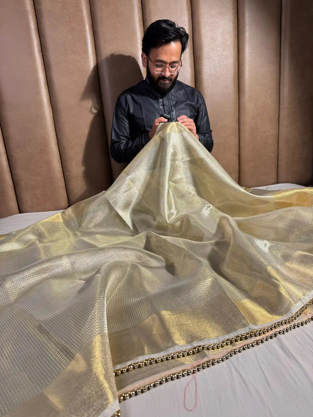 Nayanthara Mam Inspired Tissue Silk Saree with Lace Moti Work