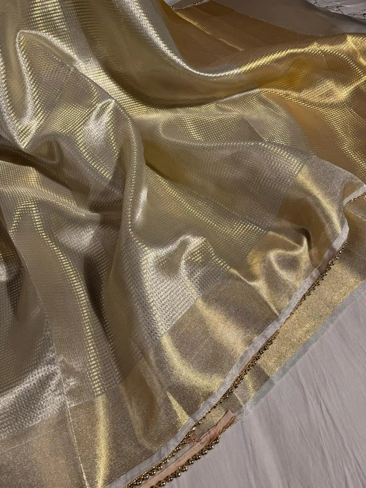 Nayanthara Mam Inspired Tissue Silk Saree with Lace Moti Work