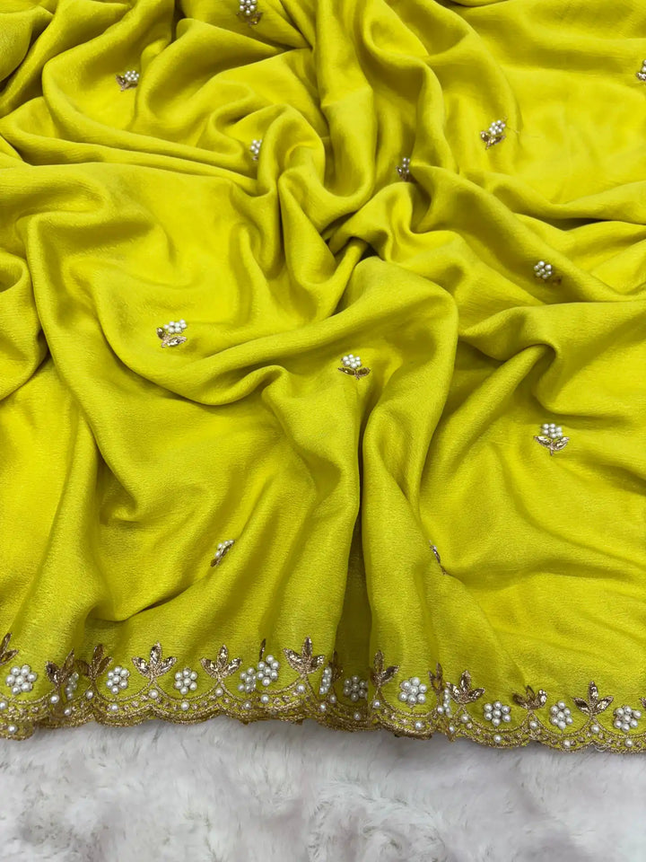 Neon Green Embroidery And Beads Work Soft Silk Saree