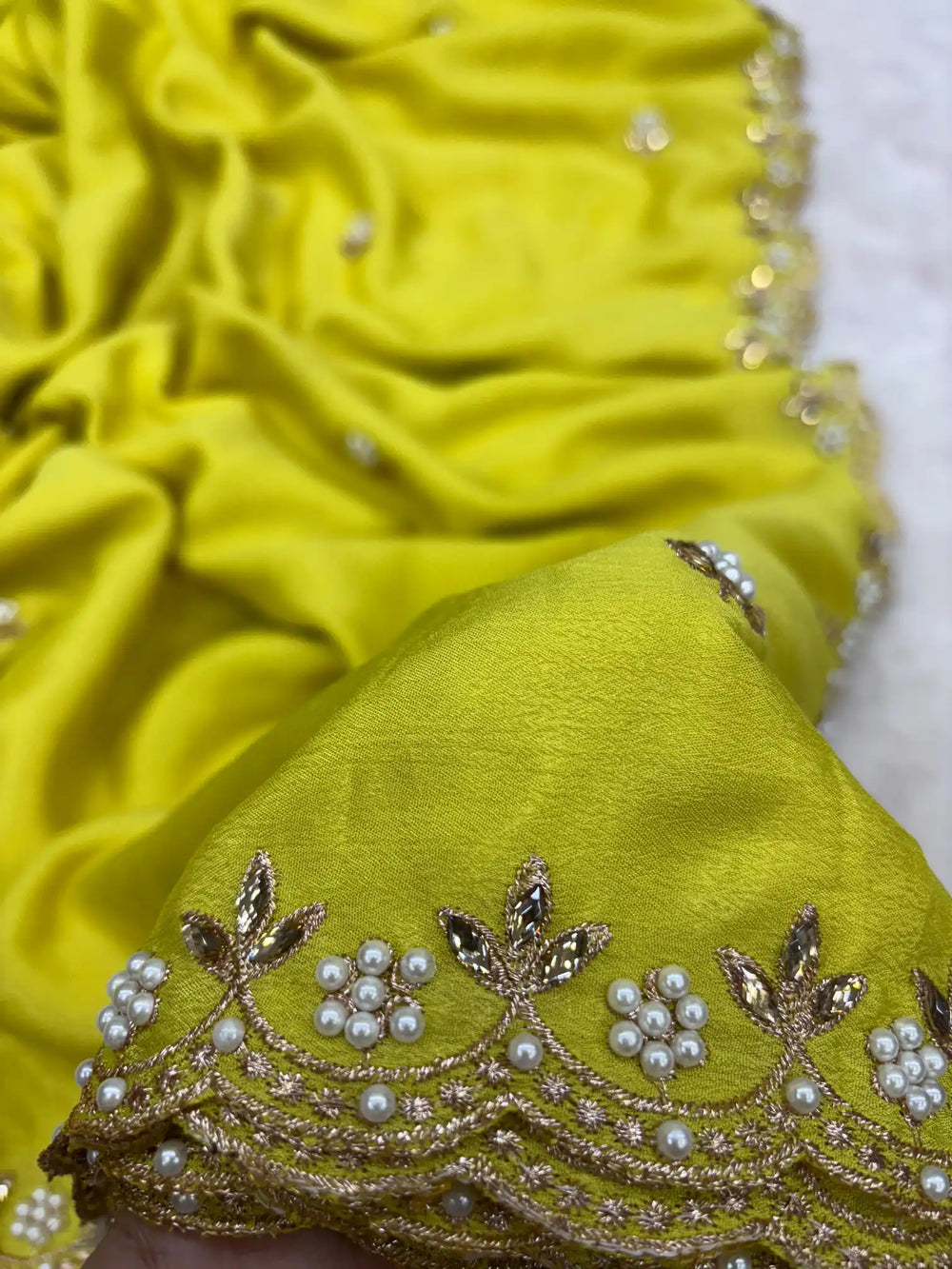 Neon Green Embroidery And Beads Work Soft Silk Saree 