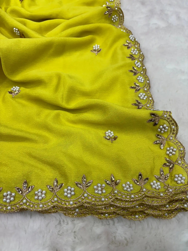 Neon Green Embroidery And Beads Work Soft Silk Saree