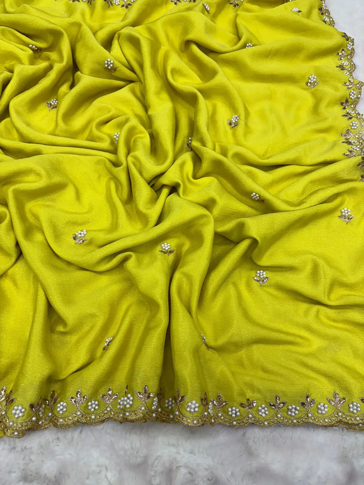 Neon Green Embroidery And Beads Work Soft Silk Saree