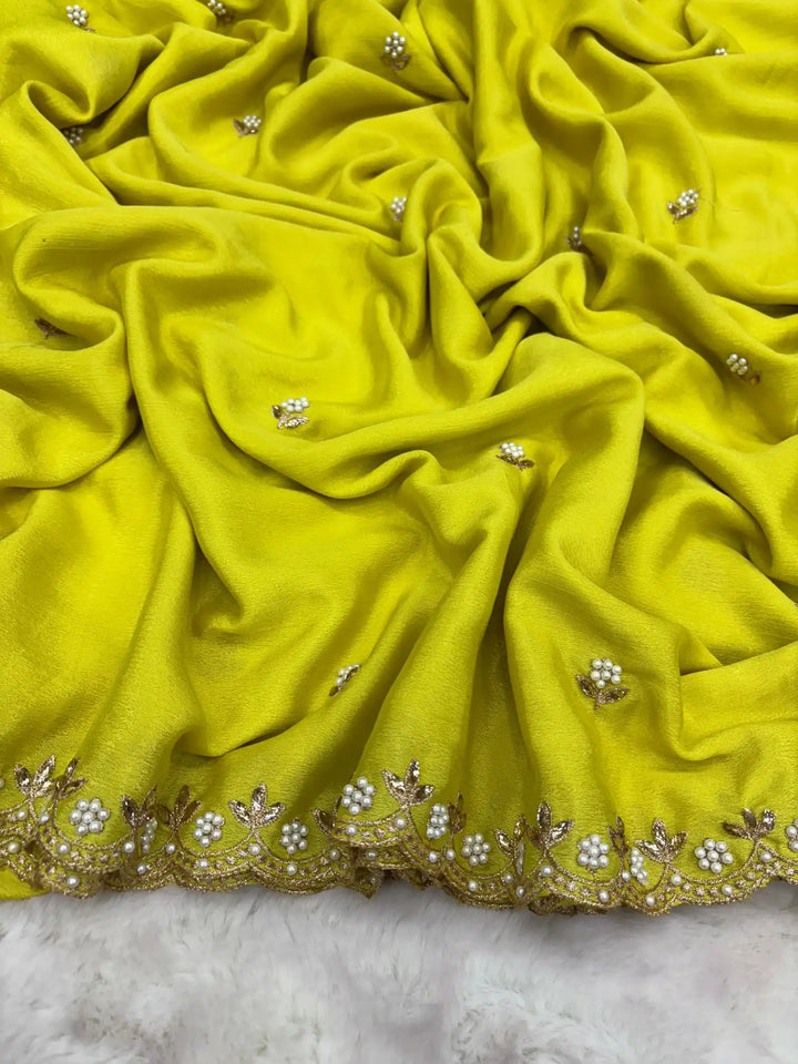 Neon Green Embroidery And Beads Work Soft Silk Saree