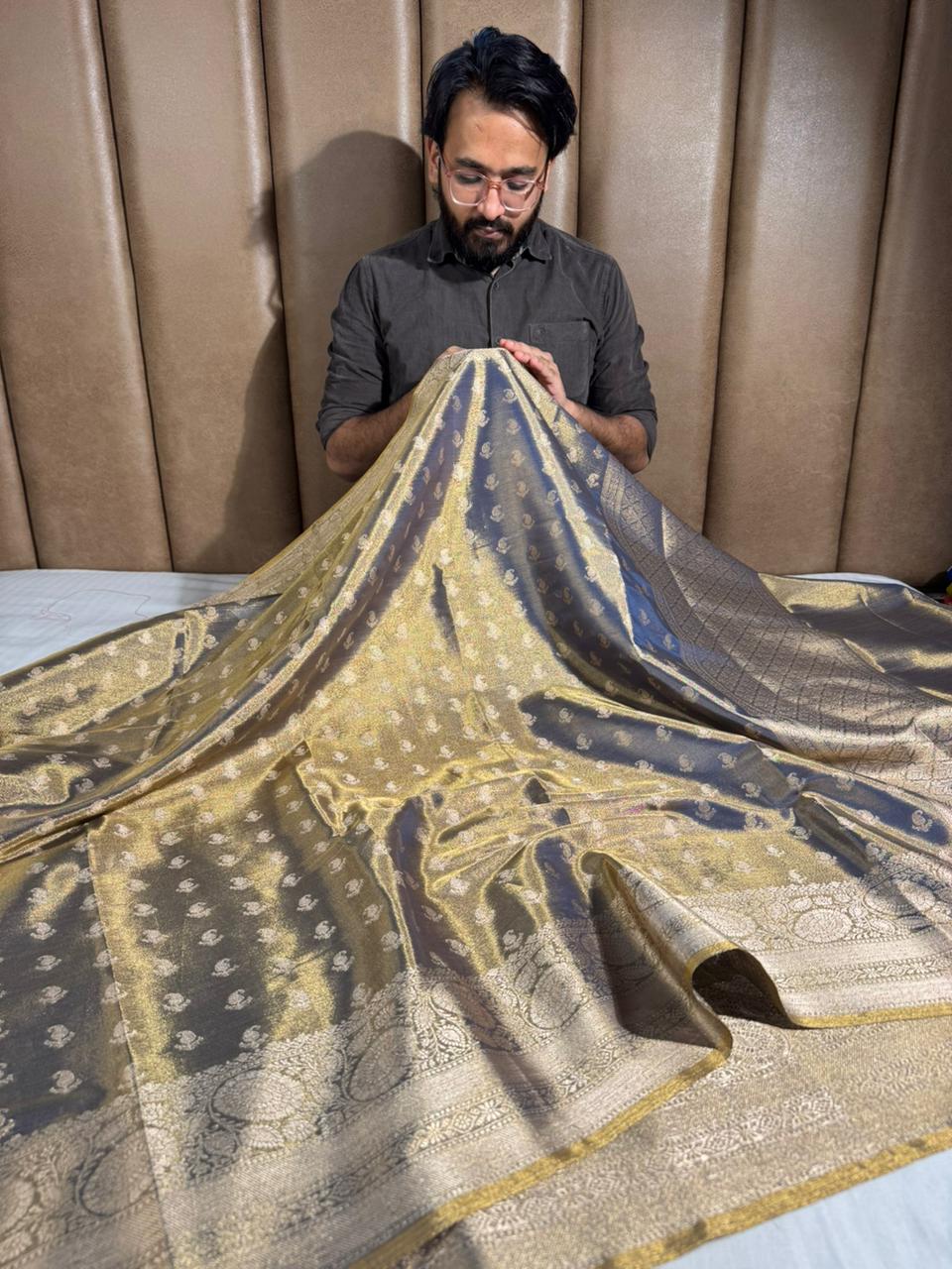 Never Seen Before Copper Tissue Silk Saree with Rich Pallu and Blouse