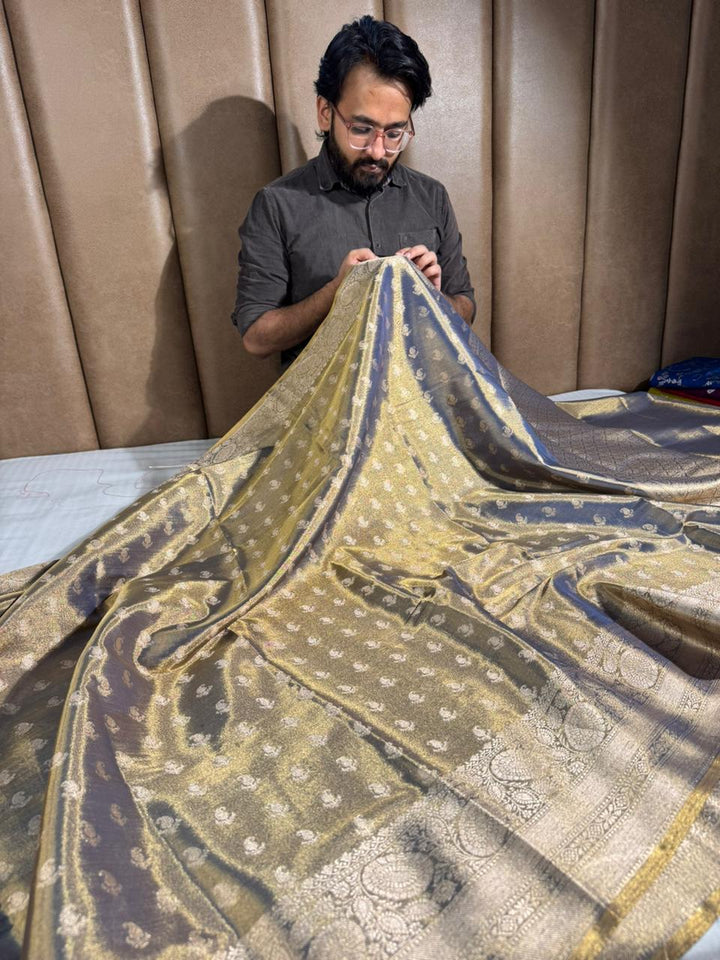 Never Seen Before Grey Copper Tissue Silk Saree with Rich Pallu and Blouse