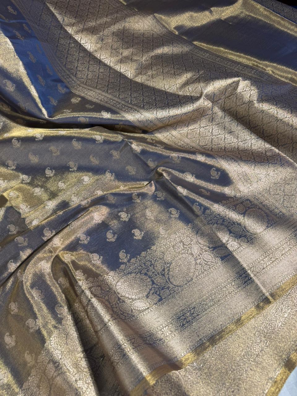Never Seen Before Copper Tissue Silk Saree with Rich Pallu and Blouse