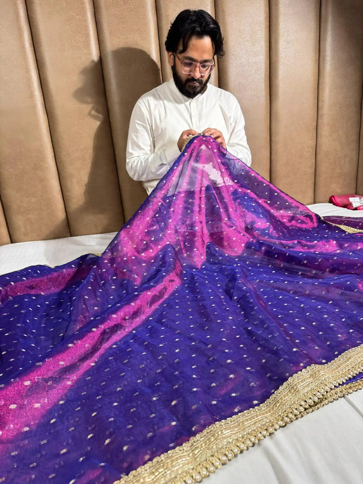 Never Seen Before baigani tissue buti saree with exclusive lacework 