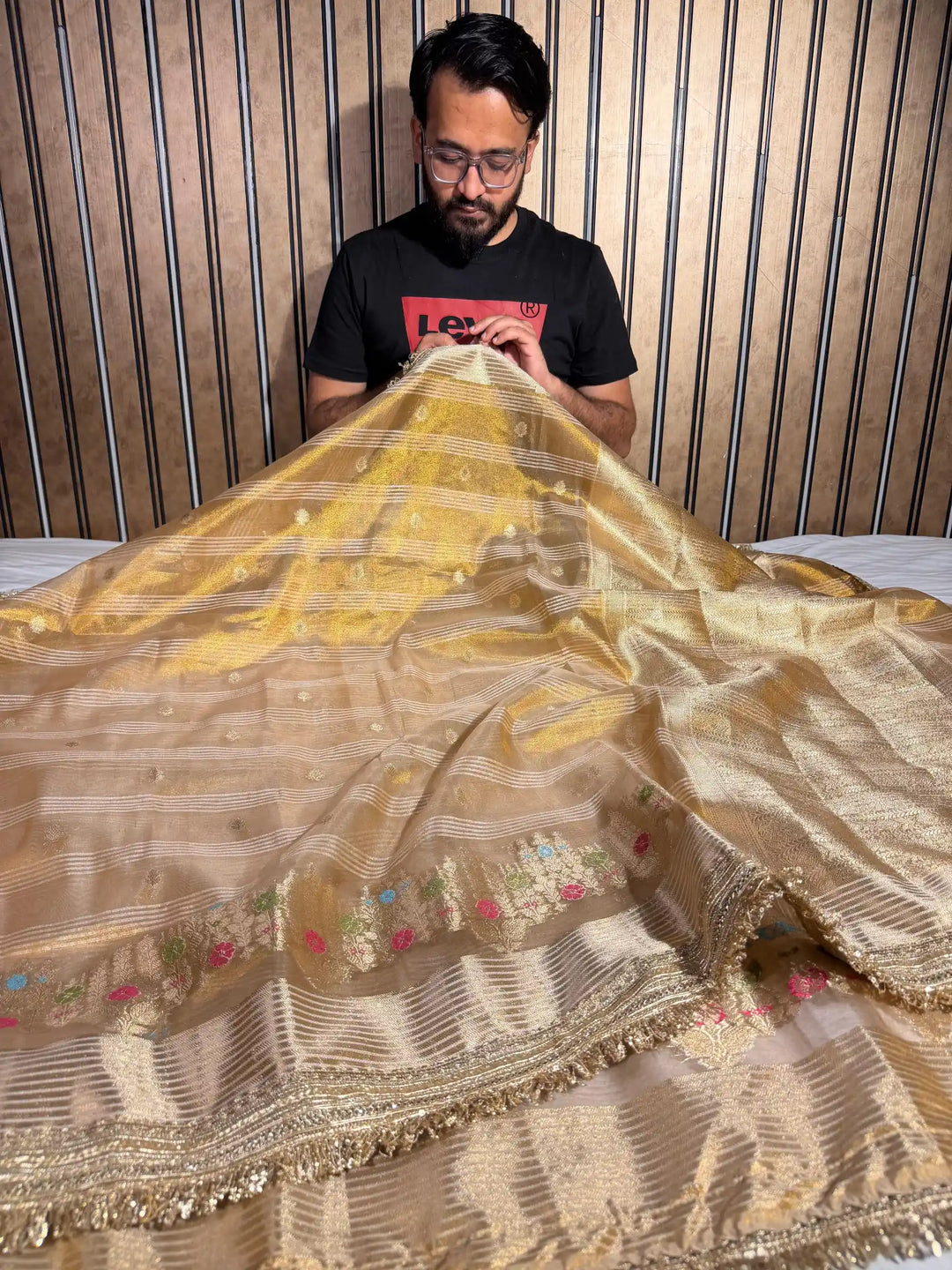 Never Seen Copper Tissue Silk Designer Lace Work Banarasi Saree