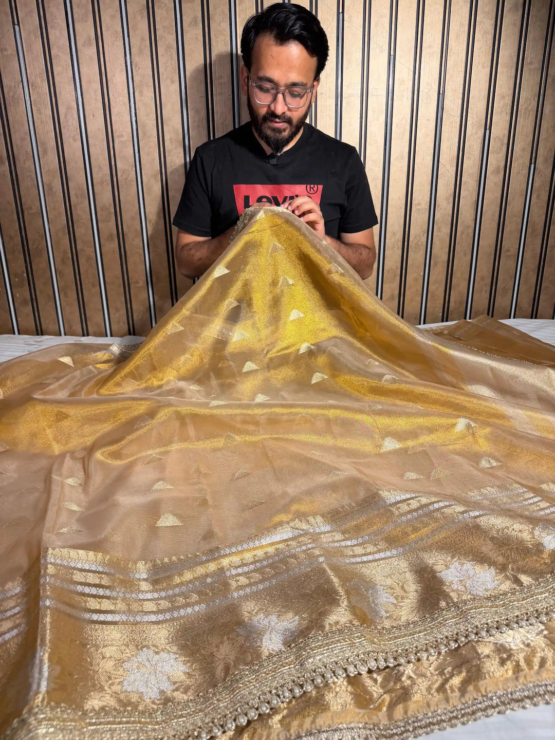 Never Seen Copper Tissue Silk Designer Lace Work Banarasi Saree