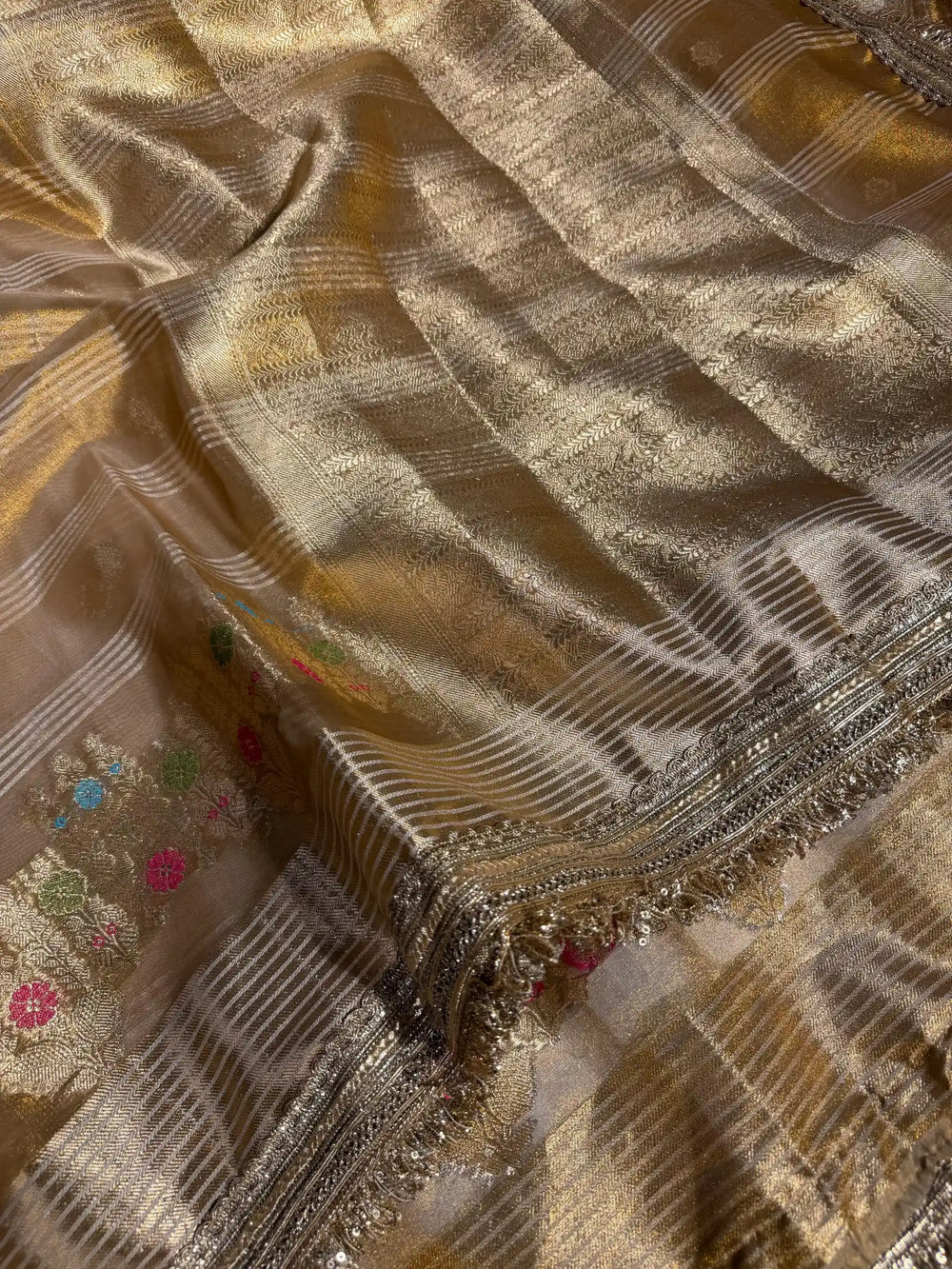 Never Seen Copper Tissue Silk Designer Lace Work Banarasi Saree
