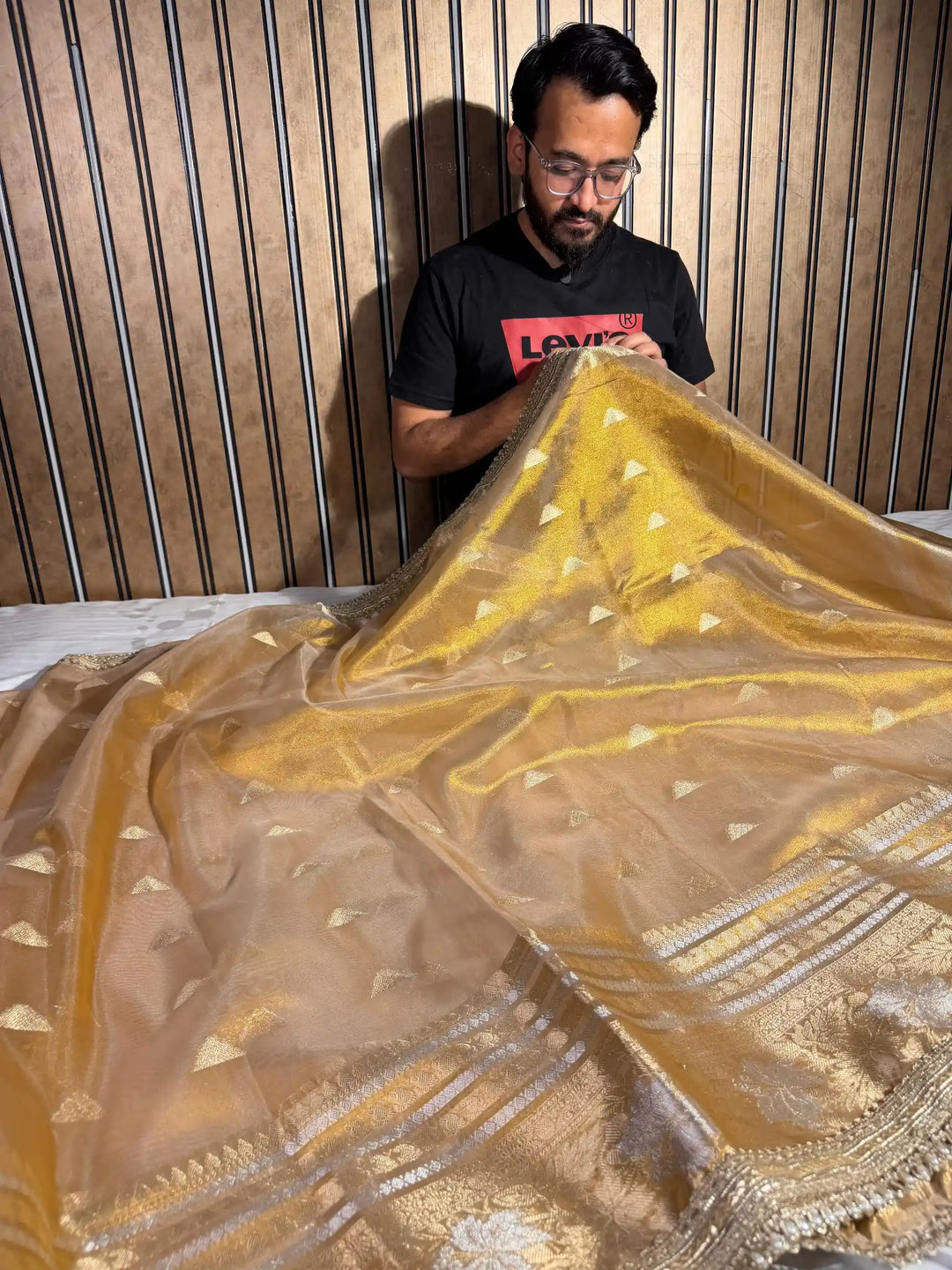 Never Seen Copper Tissue Silk Designer Lace Work Banarasi Saree