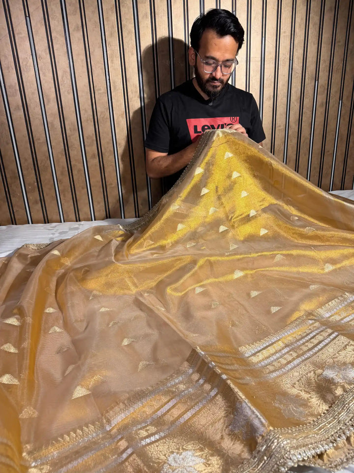 Never Seen Copper Tissue Silk Designer Lace Work Banarasi Saree