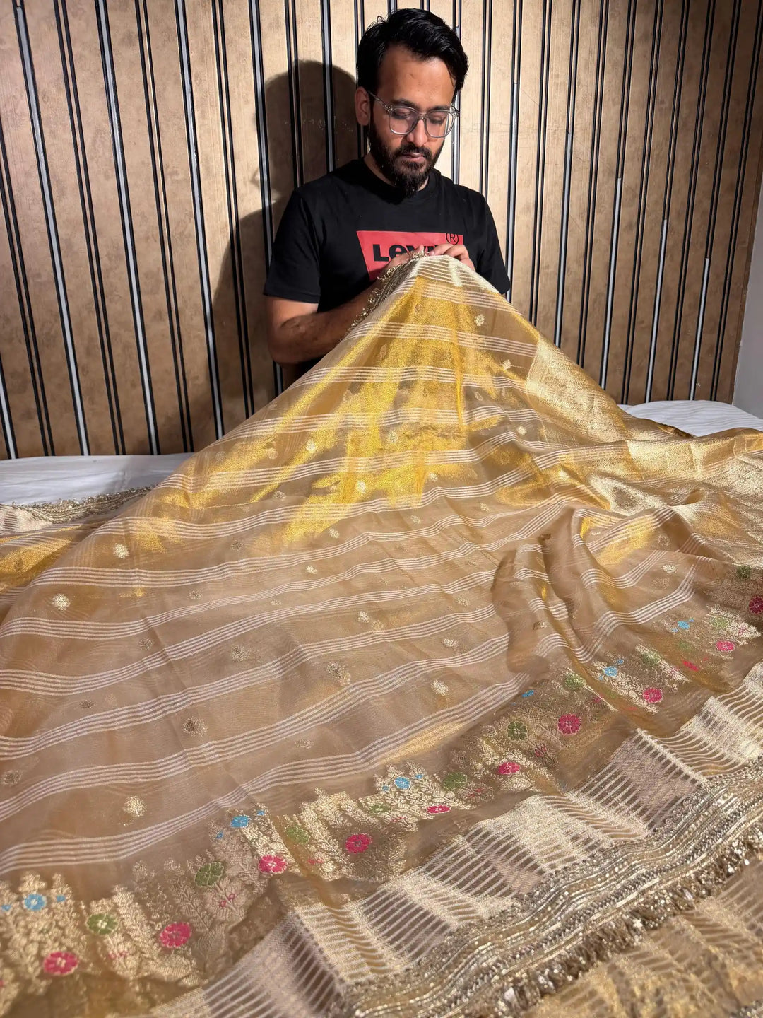 Never Seen Copper Tissue Silk Designer Lace Work Banarasi Saree
