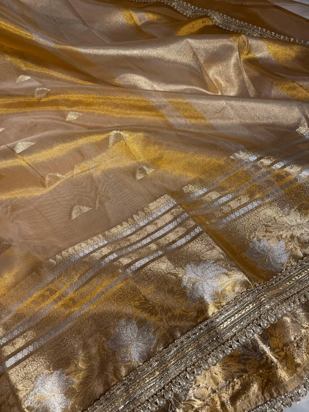 Never Seen Copper Tissue Silk Designer Lace Work Banarasi Saree