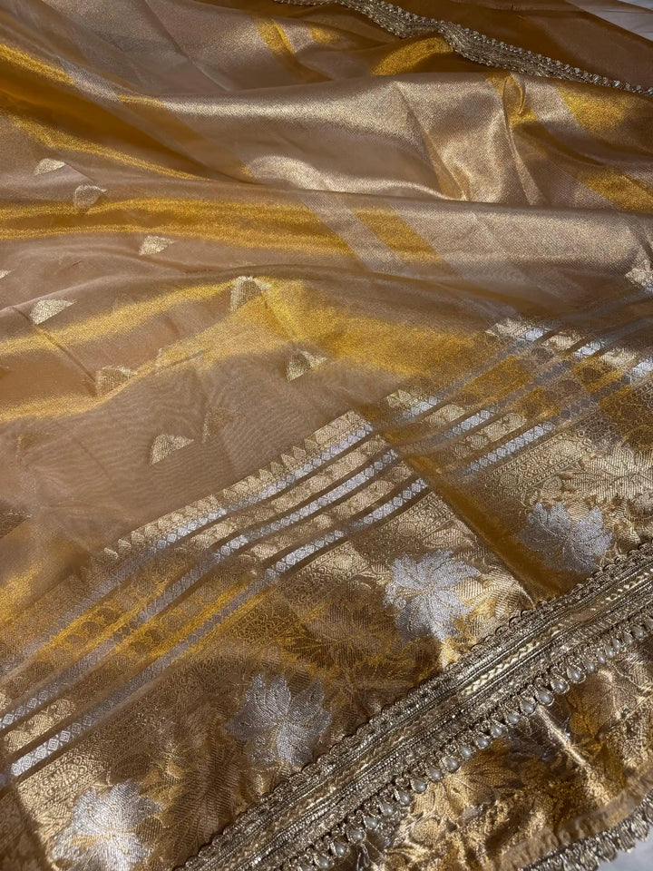 Never Seen Copper Tissue Silk Designer Lace Work Banarasi Saree