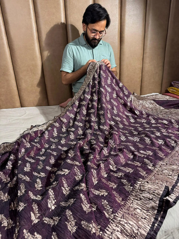 Never Seen before Pashmina silk saree with vertical crush pattern and rich pallu