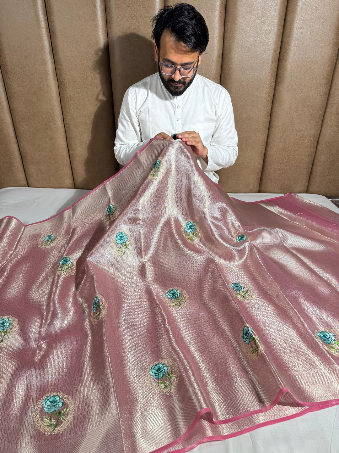 Never seen before Metallic Pink aplique work tissue silk saree with rich pallu