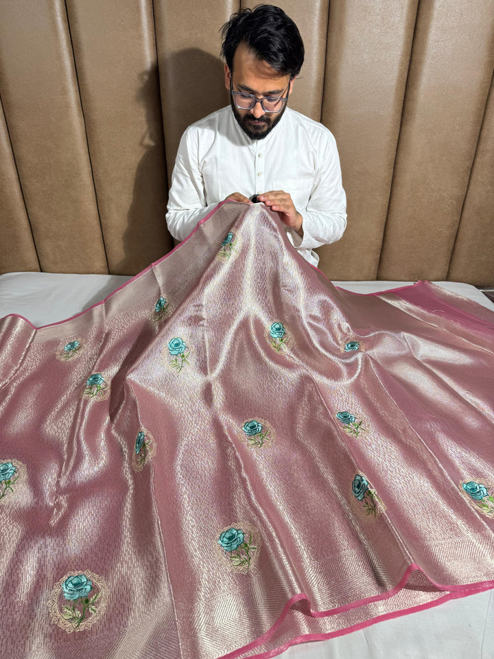 Never seen before Metallic Pink aplique work tissue silk saree with rich pallu