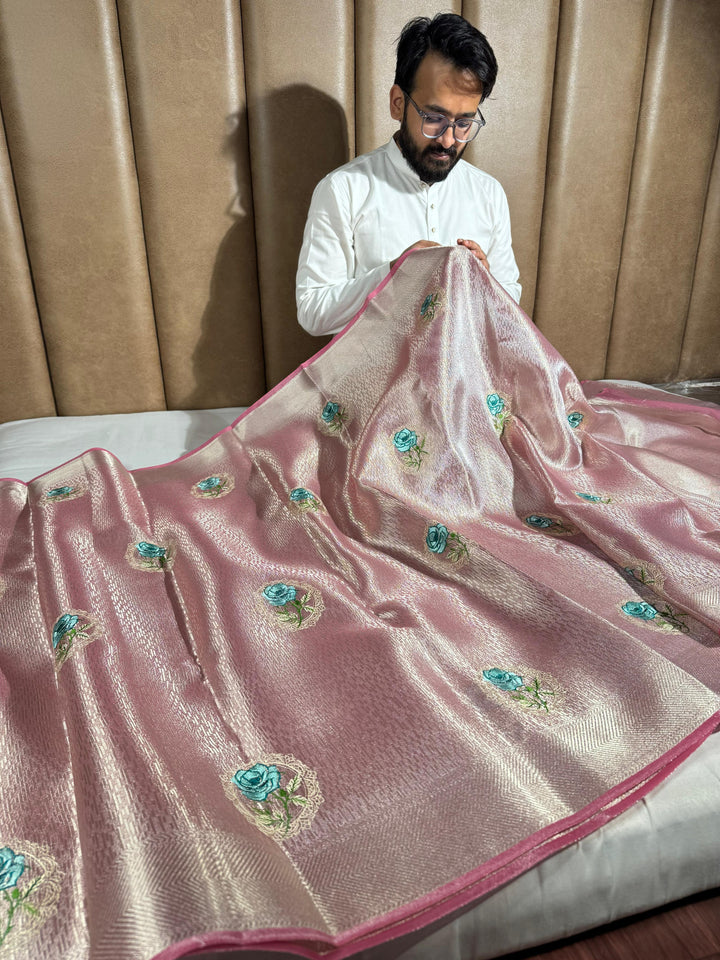 Never seen before Metallic Pink aplique work tissue silk saree with rich pallu