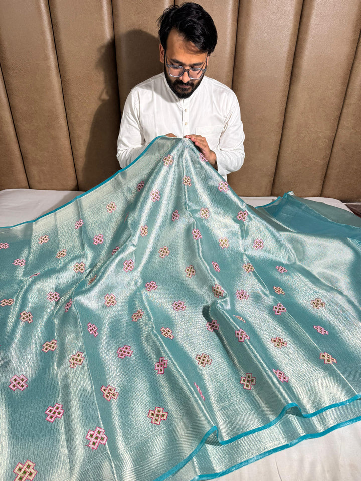 Never seen before Metallic Aqua Blue aplique work tissue silk saree with rich pallu