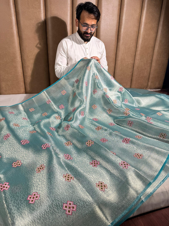 Never seen before Metallic Aqua Blue aplique work tissue silk saree with rich pallu