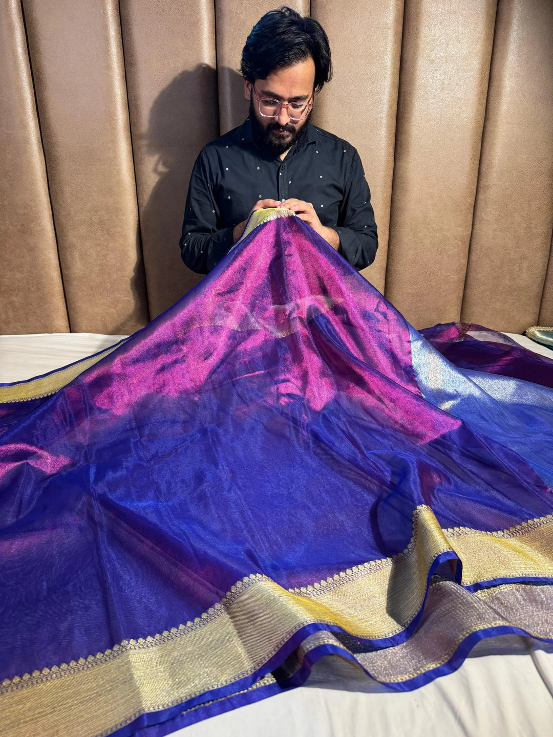 Never seen before baigani premium tissue silk saree with zari pallu and blouse