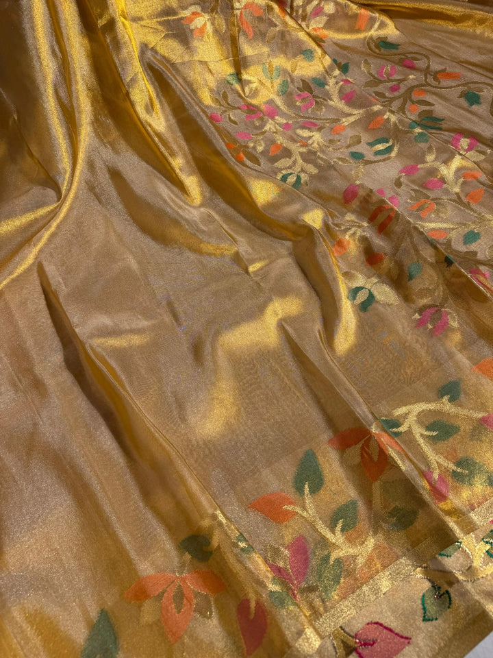 Never seen before copper tissue silk saree with floral rich pallu