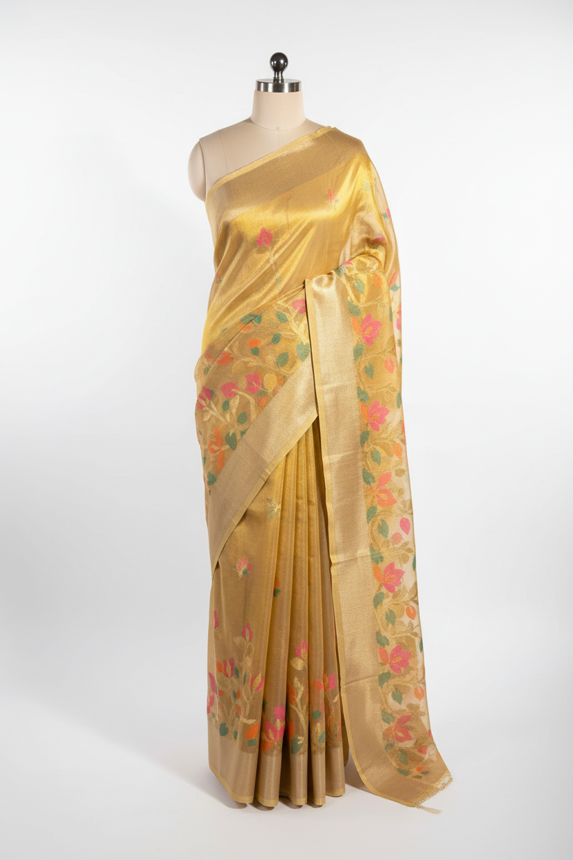 Never seen before copper tissue silk saree with floral rich pallu
