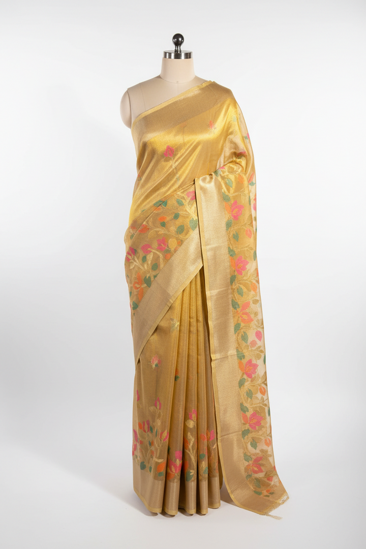 Never seen before copper tissue silk saree with floral rich pallu