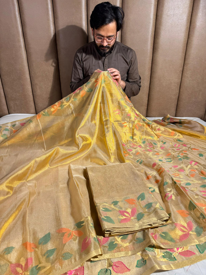 Never seen before copper tissue silk saree with floral rich pallu