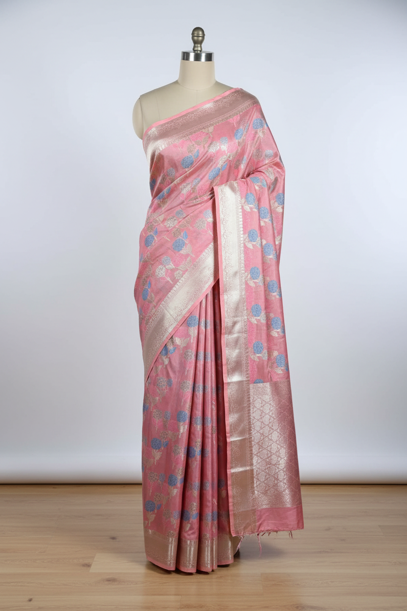 Nita Ambani Ma’am Inspired Peach Katan Silk Floral Embossed Meenakari Banarasi Saree