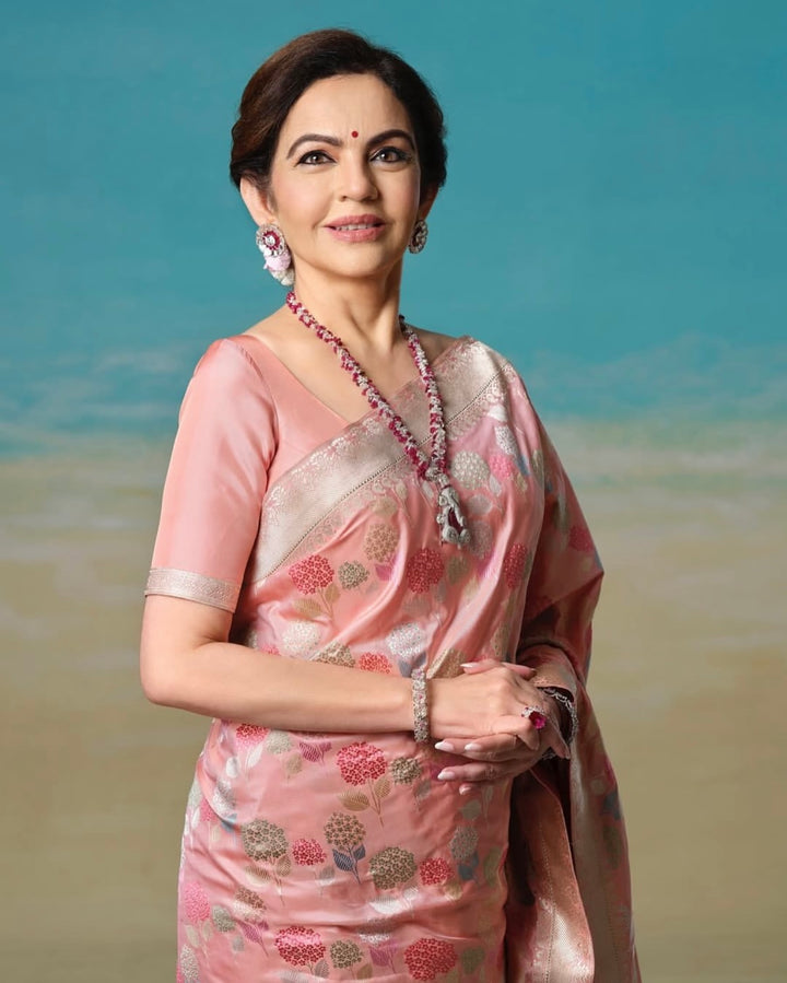  Nita Ambani Ma’am Inspired Peach Katan Silk Floral Embossed Meenakari Banarasi Saree
