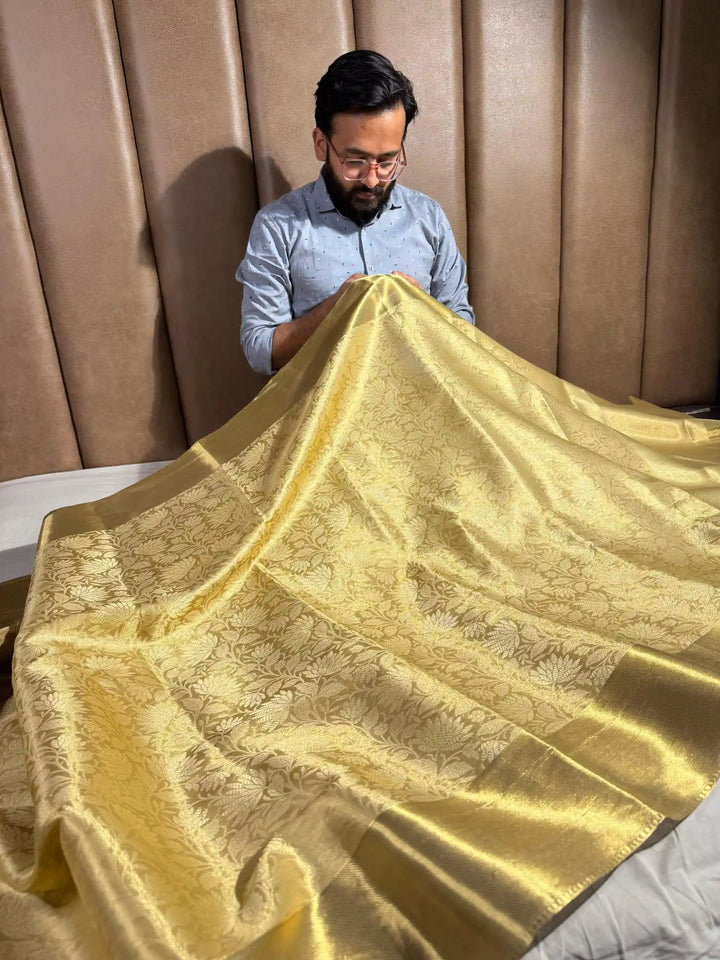 Nita Ambani Mam Golden Embossed Tissue Silk Saree