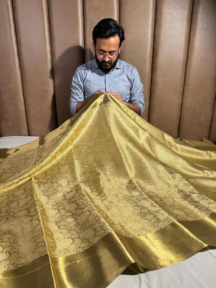 Nita Ambani Mam Golden Embossed Tissue Silk Saree