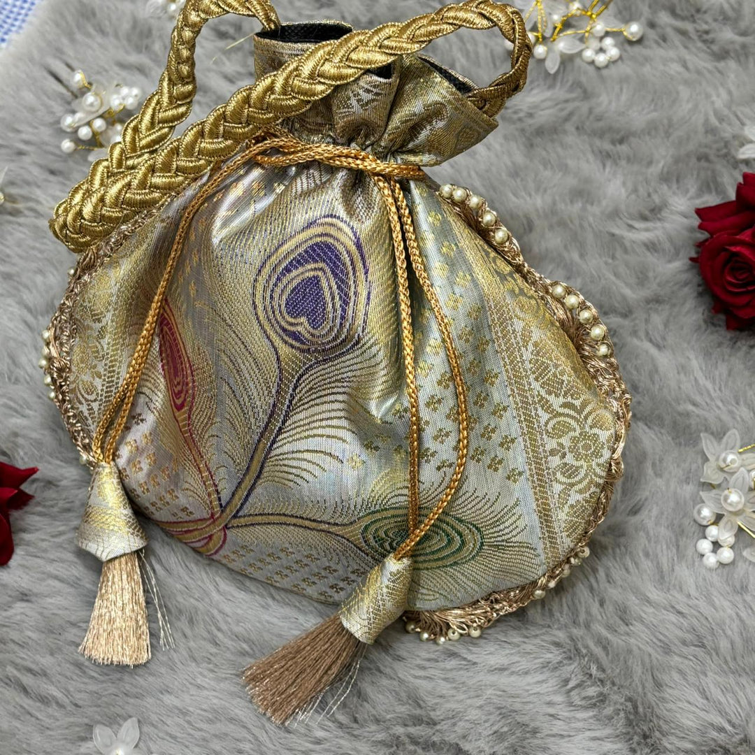 Off-White Beautiful Lace Work Banarasi Potli Bags