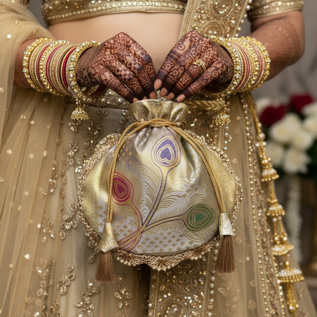 Off-White Beautiful Lace Work Banarasi Potli Bags