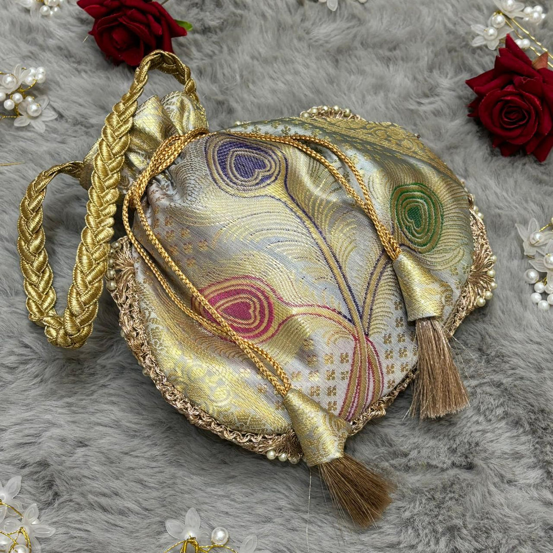 Off-White Beautiful Lace Work Banarasi Potli Bags