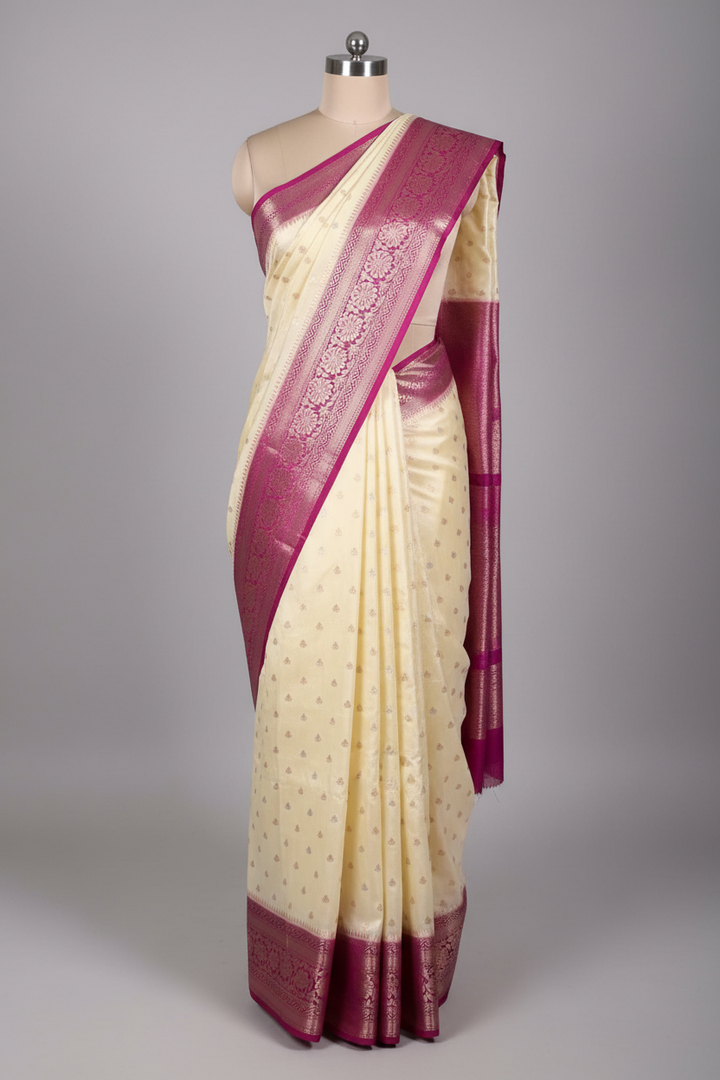 Off-White Chinia Silk Traditional Buti Banarasi Saree