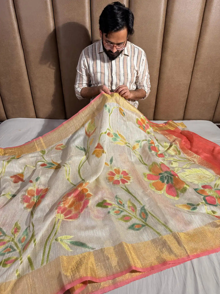 Off-White Pure Matka Silk Rangkat Banarasi Saree