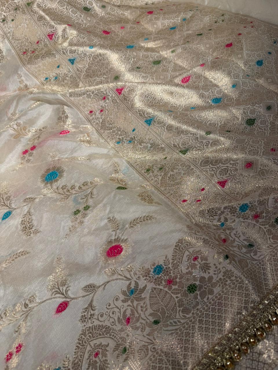 Off White Meenakari Dupion Silk Premium Designer Saree