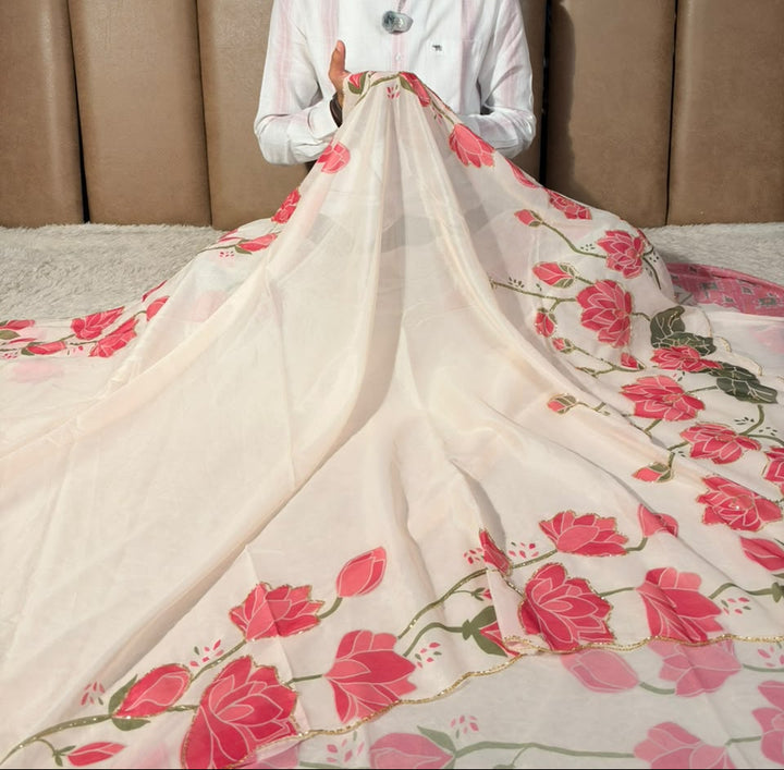 Off White Softsilk Floral Print Designer Saree
