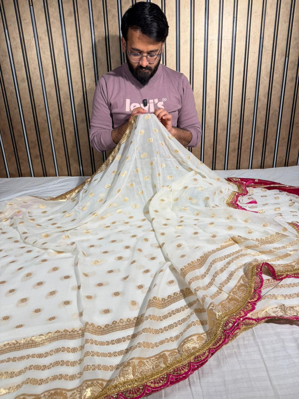 Off White Viscose Georgette Designer Lace Work Banarasi Saree