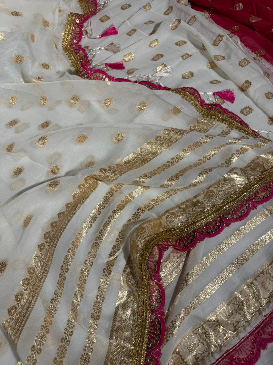 Off White Viscose Georgette Designer Lace Work Banarasi Saree