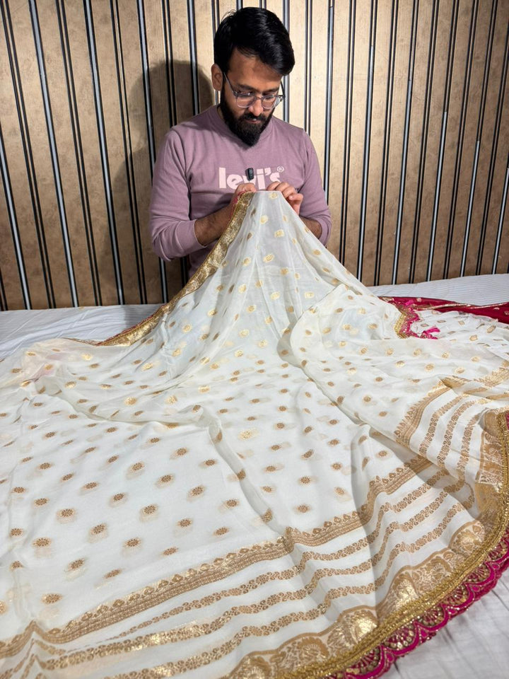 Off White Viscose Georgette Designer Lace Work Banarasi Saree