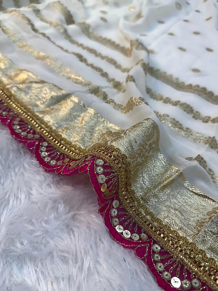 Off White Viscose Georgette Designer Lace Work Banarasi Saree