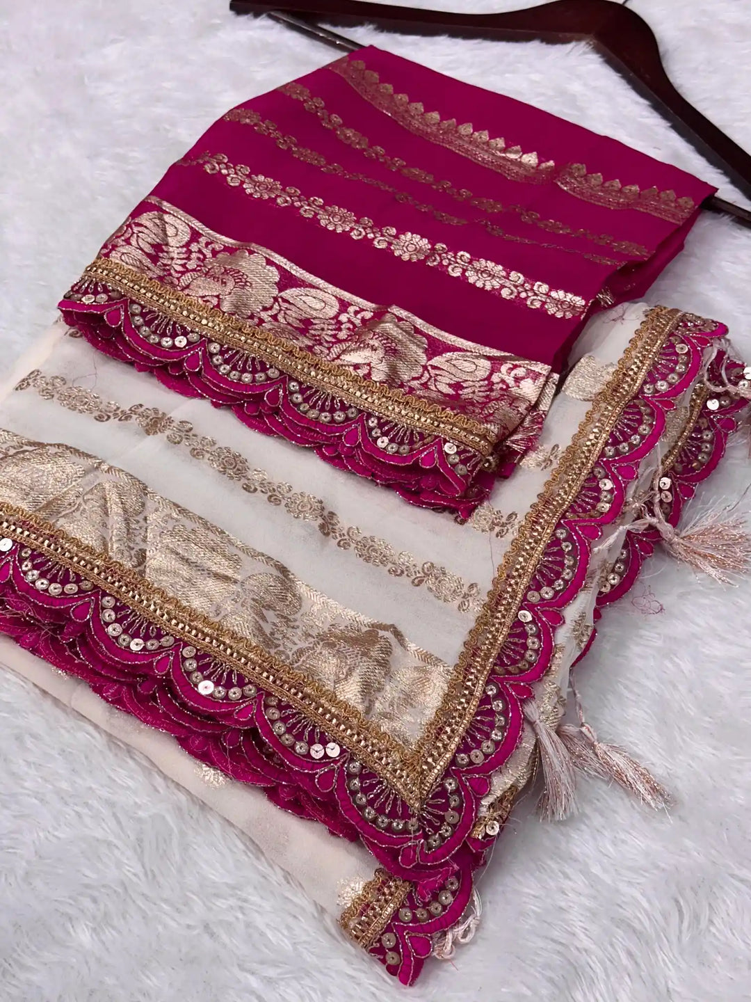 Off White Viscose Georgette Designer Lace Work Banarasi Saree