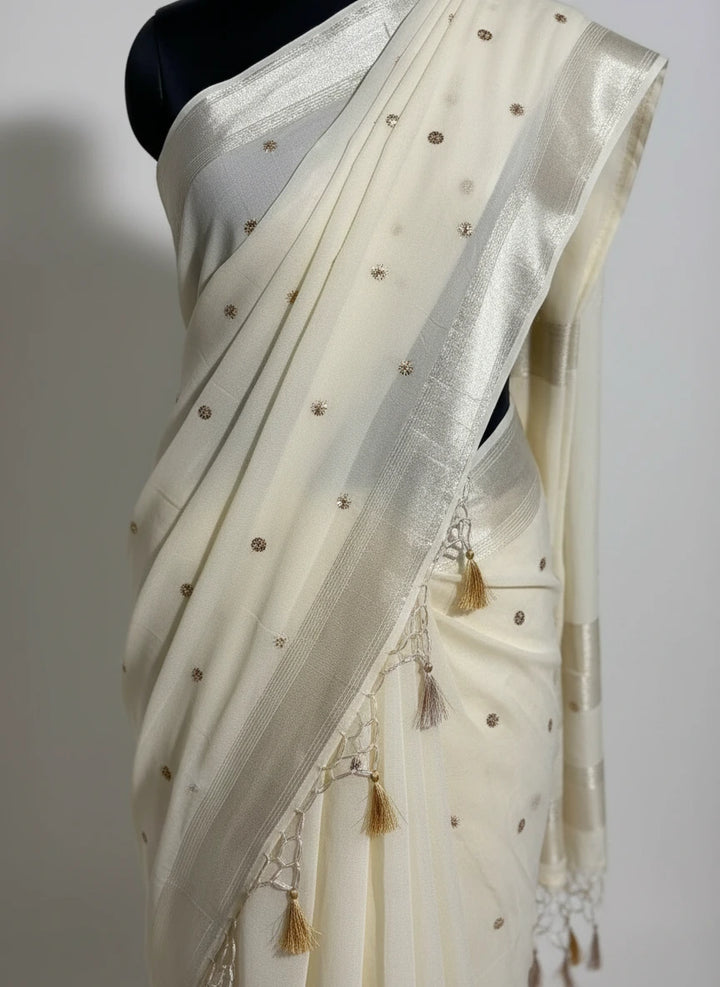 Off White Viscose Georgette Silk Embroidered Buti Saree