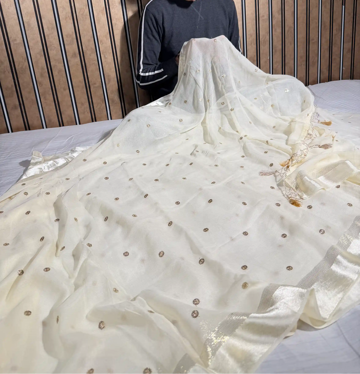 Off White Viscose Georgette Silk Embroidered Buti Saree